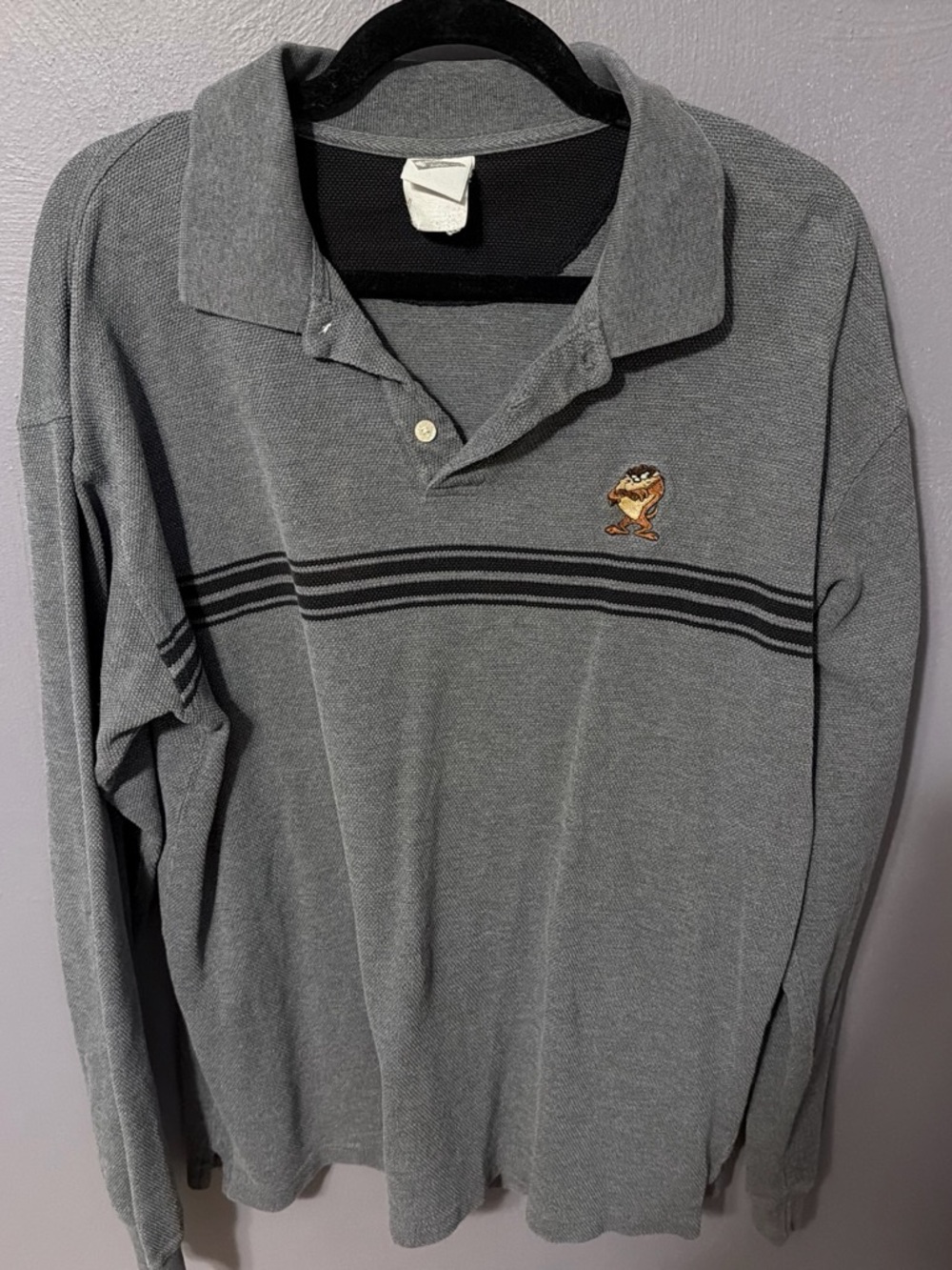 Warner Bros. Gray Long-Sleeve Polo with Taz Embroidered Patch